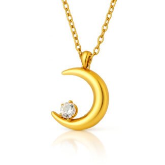 Gold crescent moon necklace with cubic zirconia pendant on chain