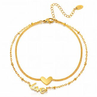 18K gold-plated double chain bracelet with heart and love charms, adjustable length