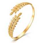 Gold-plated stainless steel bangle with leaf design