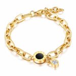 Gold-plated chain bracelet with black Roman numeral charm and cubic zirconia accent