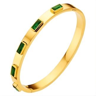 Gold-plated stainless steel bangle with rectangular green cubic zirconia accents