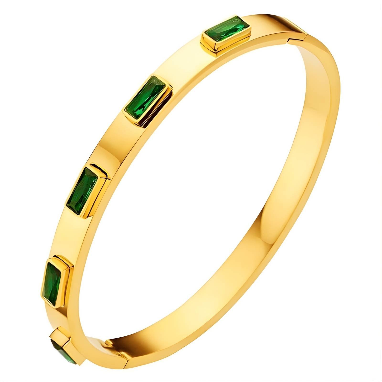 image_0-16.jpg Gold-plated stainless steel bangle with rectangular green cubic zirconia accents
