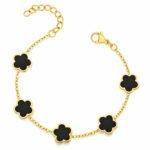 Gold-plated bracelet with black clover charms on stainless steel chain