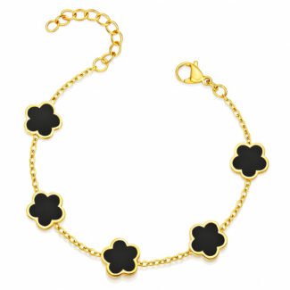 Gold-plated bracelet with black clover charms on stainless steel chain