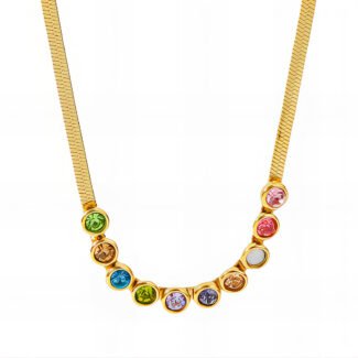 Gold plated necklace with colorful cubic zirconia stones arranged in a row