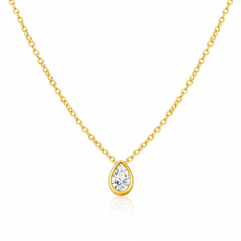 Gold necklace with teardrop cubic zirconia pendant on chain