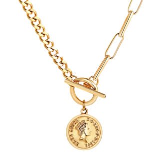 Gold coin pendant toggle necklace with mixed link chain and 1.8 cm pendant