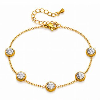 Gold-plated bracelet with five cubic zirconia stones and adjustable chain
