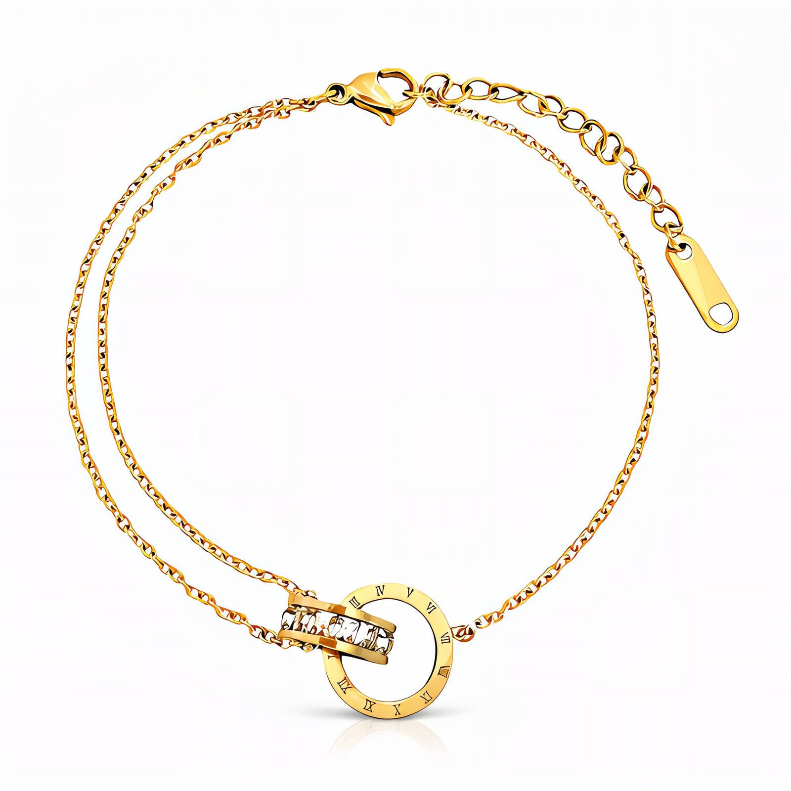 image_0-26.jpg Gold-plated dual-chain bracelet with Roman numerals and cubic zirconia centerpiece