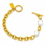 Gold-plated stainless steel chain bracelet with pearl imitation accents and toggle clasp