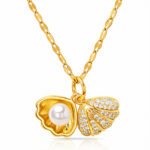 Gold-plated shell pendant necklace with cubic zirconia and imitation pearl