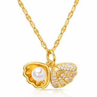 Gold-plated shell pendant necklace with cubic zirconia and imitation pearl