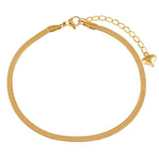 Gold herringbone chain bracelet with adjustable extension and heart charm