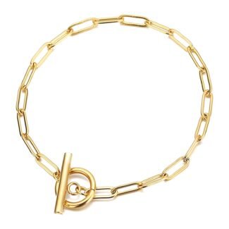 Gold-plated stainless steel paperclip link bracelet with toggle clasp