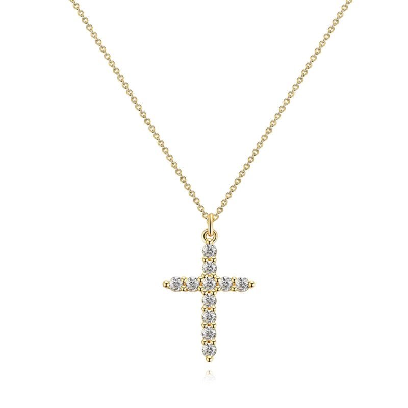 Gold cross pendant necklace with cubic zirconia on a fine chain