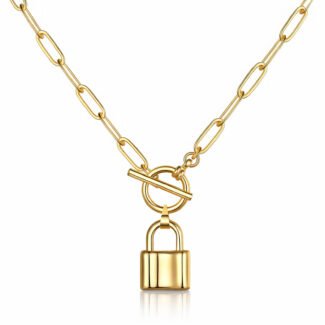 18K gold necklace with paperclip chain and padlock pendant