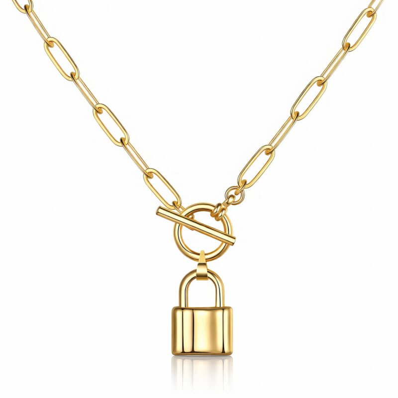 18K gold necklace with paperclip chain and padlock pendant