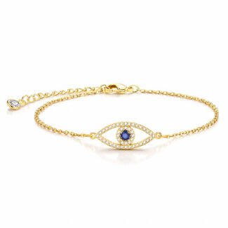 18K gold evil eye bracelet with blue gemstone and clear stones on adjustable gold chain