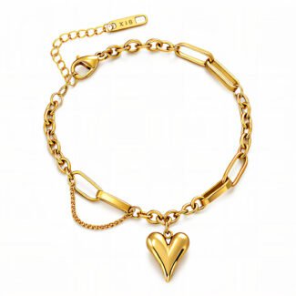 18K gold bracelet with heart charm and mixed chain links