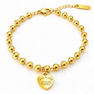 18K gold beaded bracelet with heart charm and engraved inspirational message