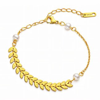 18K gold-plated bracelet with leaf design and pearl accents