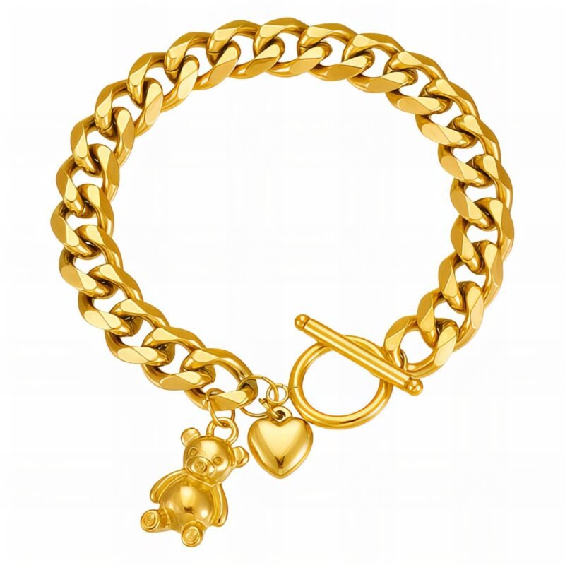 18K gold bracelet with teddy bear and heart charms, featuring a curb chain and toggle clasp