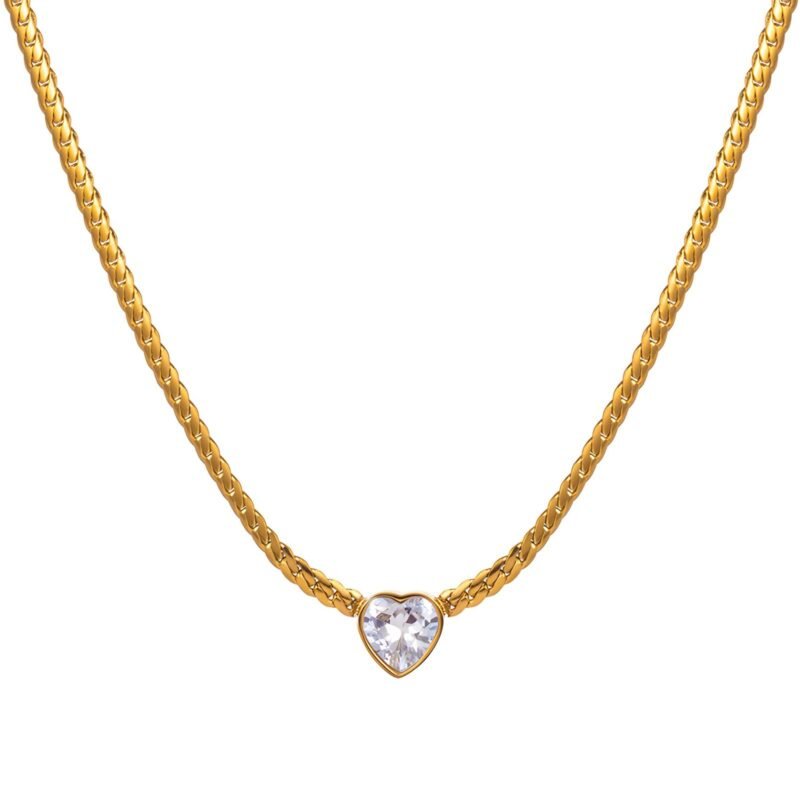 18K gold chain necklace with heart-shaped clear stone pendant