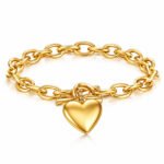 18K gold heart charm link bracelet with toggle clasp
