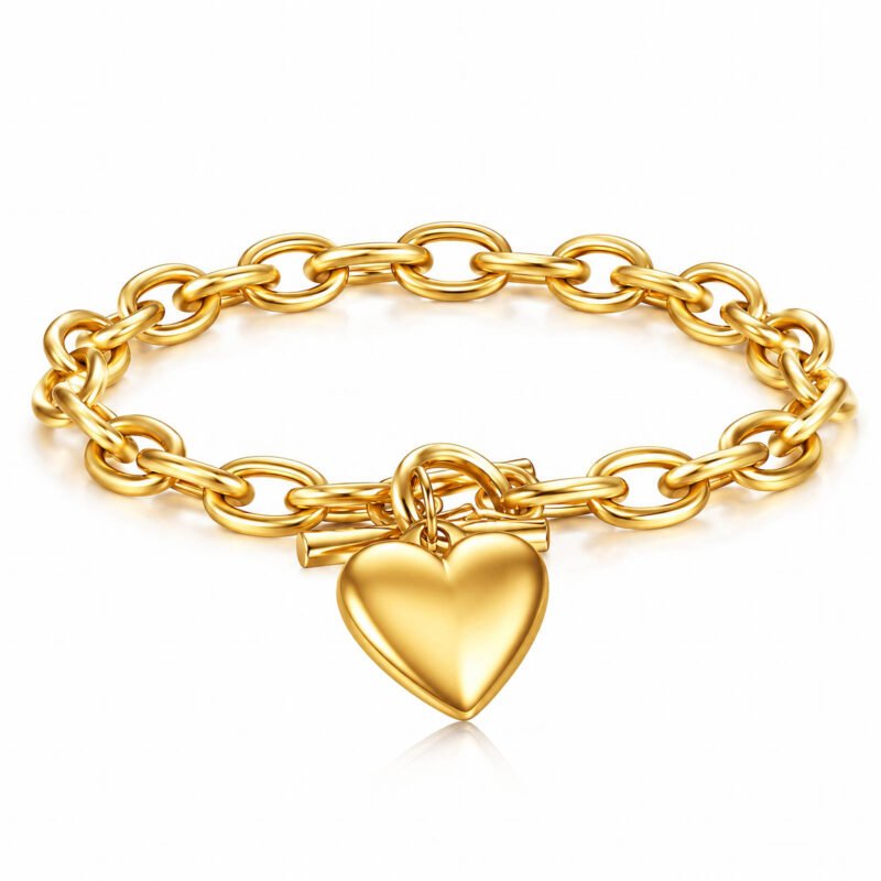 18K gold heart charm link bracelet with toggle clasp