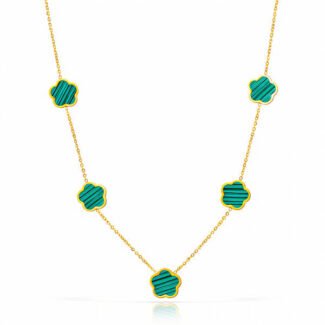 18K gold necklace with six malachite clover charms evenly spaced along the chain