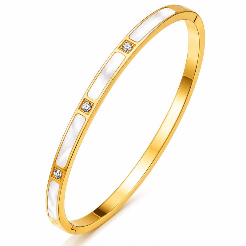 18K gold bangle bracelet with mother of pearl inlays and sparkling stones