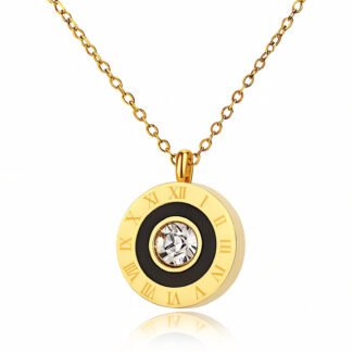 18k gold necklace with round Roman numeral pendant, black enamel detail, and crystal center