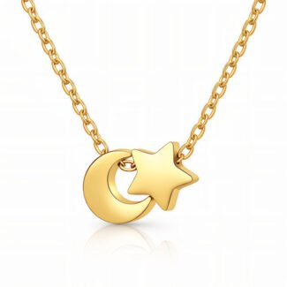 18k gold necklace with moon and star pendants on fine gold chain