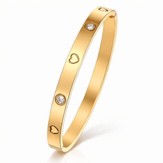 18K gold bangle bracelet with heart motifs and crystal accents