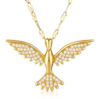 18K gold bird pendant necklace with cubic zirconia stones on a gold chain