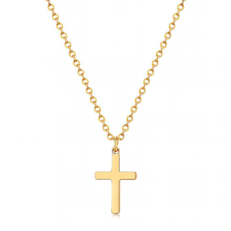 18K gold cross pendant necklace with polished chain