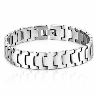 Polished stainless steel link bracelet with modern geometric design, 21 cm length and 1.1 cm width.