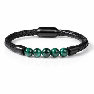 Black braided leather bracelet with polished green tiger eye stones and black PVD-plated stainless steel clasp