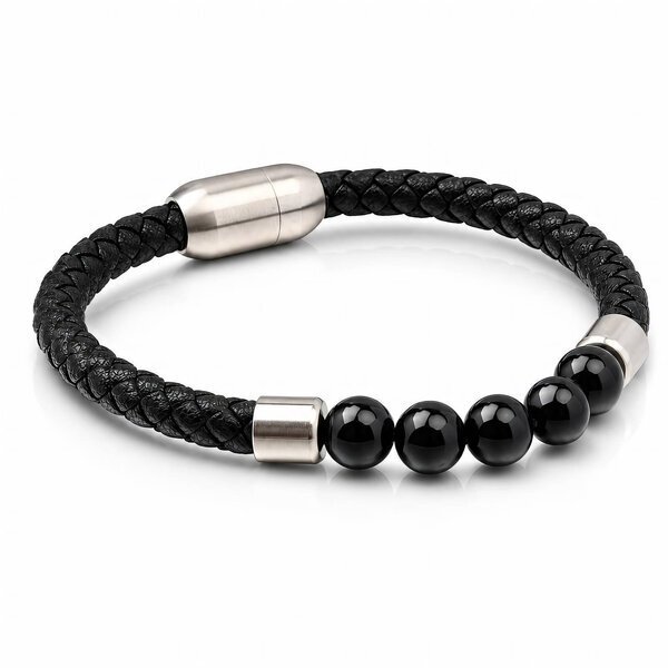 Braided black leather bracelet with stainless steel clasps and polished black obsidian stone beads