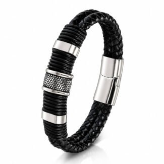 Black braided leather bracelet with stainless steel decorative accents