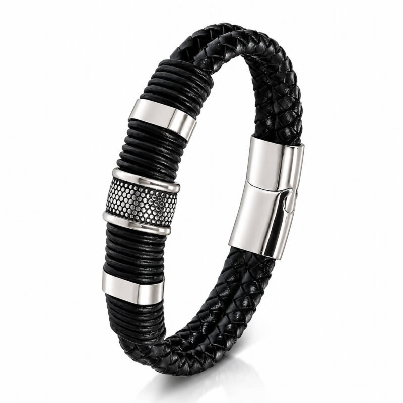 Black braided leather bracelet with stainless steel decorative accents