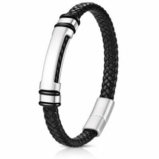Black braided leather bracelet with stainless steel accents and clasp
