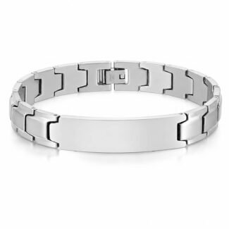Polished silver link bracelet with ID plate and geometric links