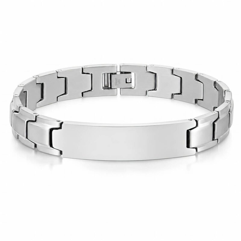 Polished silver link bracelet with ID plate and geometric links