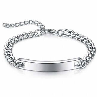 Polished silver chain link ID bracelet with adjustable clasp against a white background
