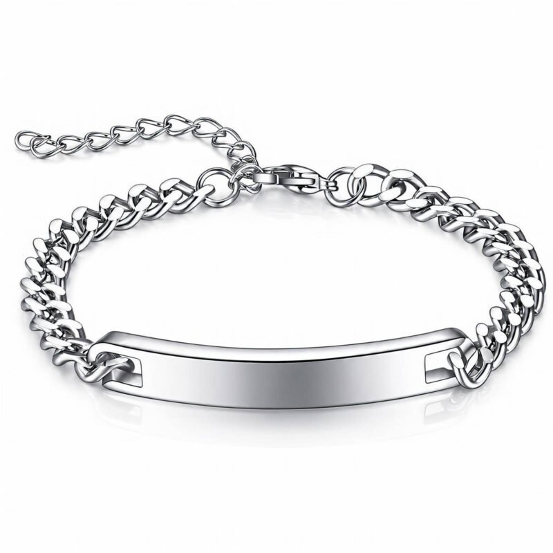 Polished silver chain link ID bracelet with adjustable clasp against a white background