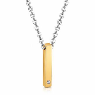 18K gold bar pendant necklace with a single clear stone on a silver-tone chain