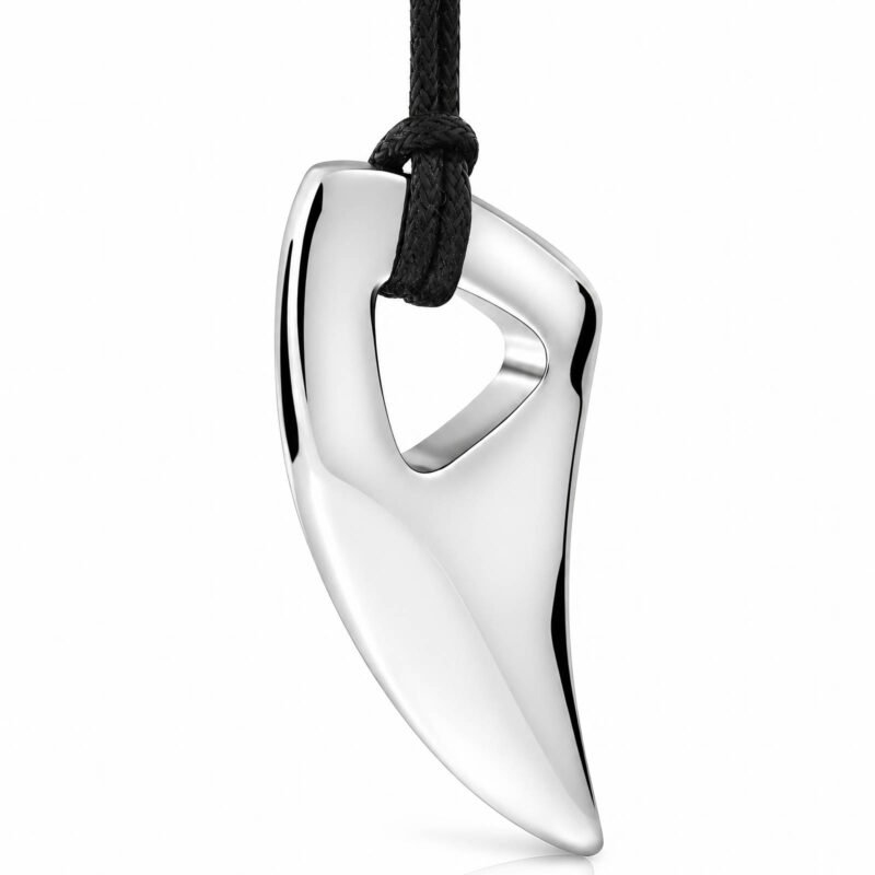 Sculpted silver tone pendant necklace with black cord and polished finish