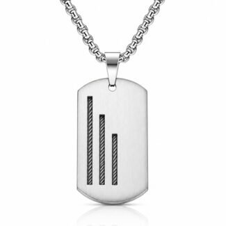 Modern steel pendant necklace with vertical bar and cable detailing on a 60 cm chain