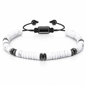 Albite natural stone bracelet with stainless steel accents and adjustable black cord